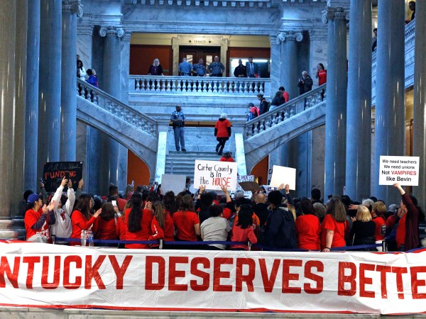 FRANKFORT, KY-APRIL 2: Public school teachers and their supporters protest against a pension reform bill outside the senate chambers at the Kentucky State Capital April 2, 2018 in Frankfort, Kentucky. The teachers are calling for higher wages and are demanding that Kentucky Gov. Matt Bevin veto a bill that overhauls their pension plan. (Bill Pugliano/Getty Images)