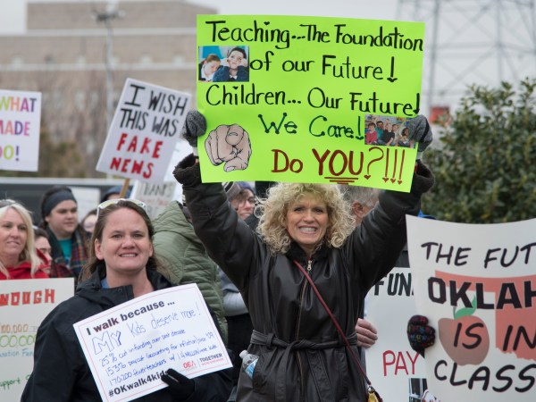 OKLAHOMA CITY, OK - APRIL 2: Oklahoma teachers rally at the state capitol in Oklahoma City, Oklahoma on April 2, 2018. Thousands of teachers and supporters are scheduled to rally Monday at the state Capitol as Oklahoma becomes the latest state to be plagued by teacher strife. Teachers are walking off the job after a $6,100 pay raise was rushed through the Legislature and signed into law by Gov. Mary Fallin. (Photo by J Pat Carter/Getty Images)