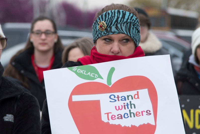 OKLAHOMA CITY, OK - APRIL 2: Oklahoma teachers rally at the state capitol in Oklahoma City, Oklahoma on April 2, 2018. Thousands of teachers and supporters are scheduled to rally Monday at the state Capitol as Oklahoma becomes the latest state to be plagued by teacher strife. Teachers are walking off the job after a $6,100 pay raise was rushed through the Legislature and signed into law by Gov. Mary Fallin. (Photo by J Pat Carter/Getty Images)