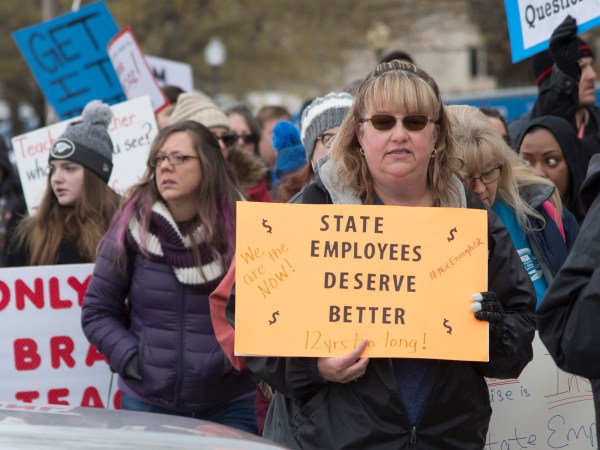 OKLAHOMA CITY, OK - APRIL 2: Oklahoma state employees joined the picket line at the state capitol in Oklahoma City, Oklahoma on April 2, 2018. Thousands of teachers and supporters are scheduled to rally Monday at the state Capitol as Oklahoma becomes the latest state to be plagued by teacher strife. Teachers are walking off the job after a $6,100 pay raise was rushed through the Legislature and signed into law by Gov. Mary Fallin. (Photo by J Pat Carter/Getty Images)