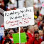 FRANKFORT, KY-APRIL 2: Thousands of public school teachers and their supporters protest against a pension reform bill at the Kentucky State Capital April 2, 2018 in Frankfort, Kentucky. The teachers are calling for higher wages and are demanding that Kentucky Gov. Matt Bevin veto a bill that overhauls their pension plan. (Bill Pugliano/Getty Images)