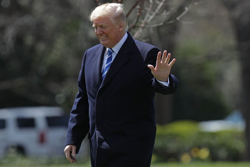 U.S. President Donald Trump walks across the South Lawn before boarding Marine One and leaving the White House April 5, 2018 in Washington, DC. Trump is traveling to White Sulfer Springs, West Virginia where he plans to participate in a roundtable discussion on tax reform.