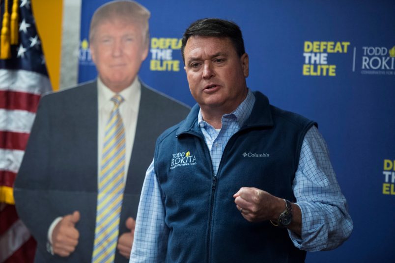 UNITED STATES - APRIL 4: Rep. Todd Rokita, R-Ind., who is running for the Republican nomination for Senate in Indiana, addresses voters in South Bend, Ind., on April 4, 2018. (Photo By Tom Williams/CQ Roll Call)