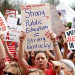 FRANKFORT, KY-APRIL 13: Kentucky Public school teachers rally for a "day of action" at the Kentucky State Capitol to try to pressure legislators to override Kentucky Governor Matt Bevin's recent veto of the state's tax and budget bills April 13, 2018 in Frankfort, Kentucky. The teachers also oppose a controversial pension reform bill which Gov. Bevin signed into law. (Photo by Bill Pugliano/Getty Images)