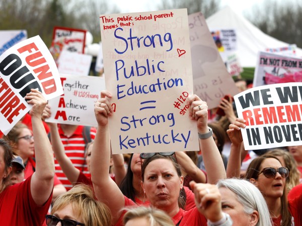 FRANKFORT, KY-APRIL 13: Kentucky Public school teachers rally for a "day of action" at the Kentucky State Capitol to try to pressure legislators to override Kentucky Governor Matt Bevin's recent veto of the state's tax and budget bills April 13, 2018 in Frankfort, Kentucky. The teachers also oppose a controversial pension reform bill which Gov. Bevin signed into law. (Photo by Bill Pugliano/Getty Images)