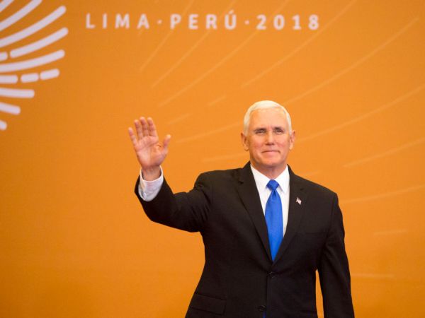 LIMA, PERU - APRIL 14:Vice President of USA, Mike Pence  during Day 2 of the VIII Summit of The Americas on April 14, 2018 in Lima, Peru. (Photo by Manuel Medir/Getty Images)