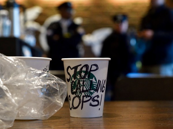Protesters gather on April 16, 2018 for ongoing protest at the Starbucks location in Center City Philadelphia, PA where days earlier two black men were arrested. Starbucks CEO Kevin Johnson apologized publicly after the arrest prompted controversy after video of the incident became viral. (Photo by Bastiaan Slabbers/NurPhoto)