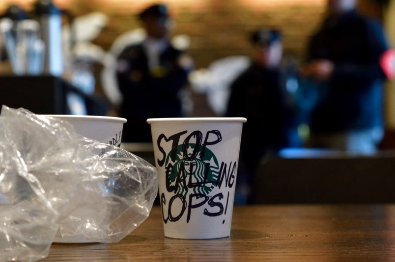 Protesters gather on April 16, 2018 for ongoing protest at the Starbucks location in Center City Philadelphia, PA where days earlier two black men were arrested. Starbucks CEO Kevin Johnson apologized publicly after the arrest prompted controversy after video of the incident became viral. (Photo by Bastiaan Slabbers/NurPhoto)