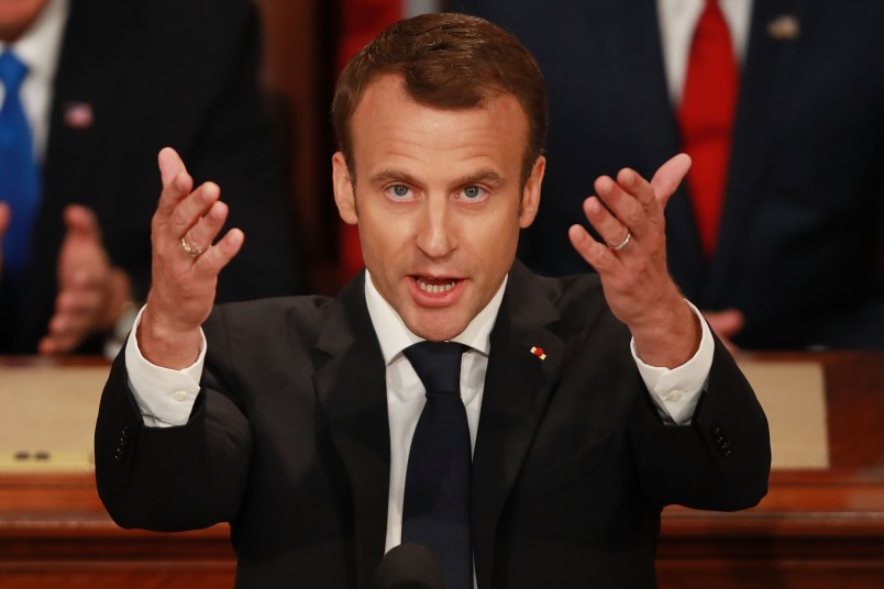 French President Emmanuel Macron addresses a joint meeting of the U.S. Congress in the House Chamber at the U.S. Capitol April 25, 2018 in Washington, DC. Macron is taking part in an official three-day visit to the United States.