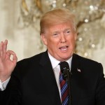 (L-R) Estonian President Kersti Kaljulaid, Latvian President Raimonds Vejonis, Lithuanian President Dalia Grybauskaite and U.S. President Donald Trump, hold a joint news conference in the East Room of the White House April 3, 2018 in Washington, DC. Marking their 100th anniversary of their post-World War I independence from Russia, the three Baltic heads of state participated in the United States-Baltic Summit at the White House.