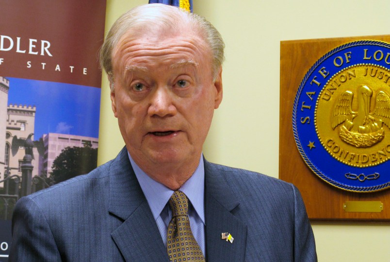 FILE-In this Wednesday, March 14, 2018 file photo, Louisiana Secretary of State Tom Schedler, accused in a lawsuit of sexually harassing one of his employees, speaks at a press conference, in Baton Rouge, La. Schedler, is leaving his elected position May 8, 2018, as calls for his resignation have increased amid allegations that the state elections chief sexually harassed one of his employees. (AP Photo/Melinda Deslatte)