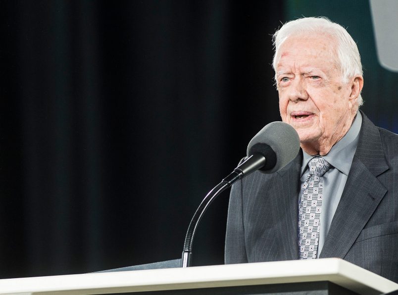 Former President Jimmy Carter speaks at the 45th Liberty University Commencement at Williams Stadium on Saturday May 19, 2018, in Lynchburg, Va. Photo by Lathan Goumas.
