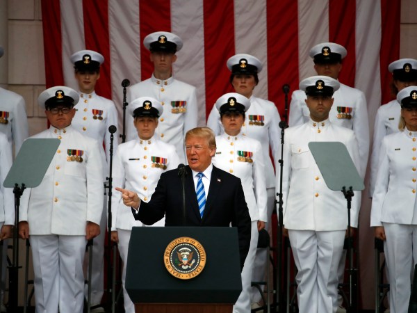 President Donald Trump speaks at the Memorial Amphitheater in Arlington National Cemetery on Memorial Day, Monday, May 28, 2018 in Arlington, Va.(AP Photo/Alex Brandon)