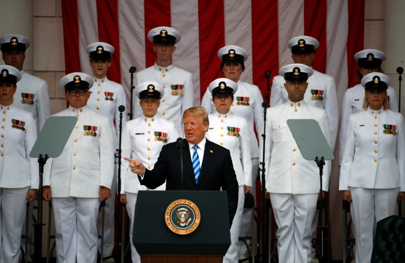President Donald Trump speaks at the Memorial Amphitheater in Arlington National Cemetery on Memorial Day, Monday, May 28, 2018 in Arlington, Va.(AP Photo/Alex Brandon)
