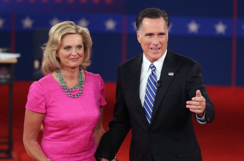 Republican presidential candidate Mitt Romney ( ) and U.S. President Barack Obama ( ) answer questions during a town hall style debate at Hofstra University October 16, 2012 in Hempstead, New York. During the second of three presidential debates, the candidates fielded questions from audience members on a wide variety of issues.
