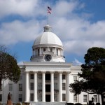 Trees bloom in the spring near government buildings in Montgomery, Alabama