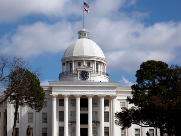 Trees bloom in the spring near government buildings in Montgomery, Alabama