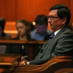 Boston, MA - 4/24/18 - Judge Thomas Estes (cq) listens as his attorney addresses the court.In the case of Estes, arguments are made in front of the full court (cq) (5 justices) of the Supreme Judicial Court (cq), in the John Adams Courthouse (cq). Arguing for the the Committee on Judicial Conduct (cq) is attorney Howard Neff (cq). For Estes is David Hoose (cq). Also in court is former court worker Tammy Cagle (cq), with whom Estes admits to having an affair. He attorney is Leonard Kesten (cq).Photo by Pat Greenhouse/Globe StaffTopic: 25estesReporter: Maria Cramer