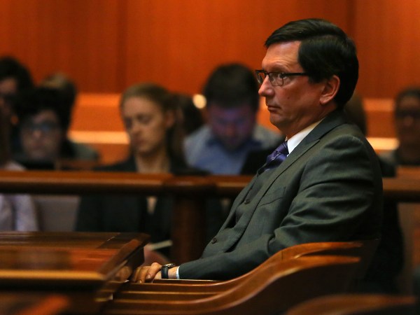 Boston, MA - 4/24/18 - Judge Thomas Estes (cq) listens as his attorney addresses the court.In the case of Estes, arguments are made in front of the full court (cq) (5 justices) of the Supreme Judicial Court (cq), in the John Adams Courthouse (cq). Arguing for the the Committee on Judicial Conduct (cq) is attorney Howard Neff (cq). For Estes is David Hoose (cq). Also in court is former court worker Tammy Cagle (cq), with whom Estes admits to having an affair. He attorney is Leonard Kesten (cq).Photo by Pat Greenhouse/Globe StaffTopic: 25estesReporter: Maria Cramer