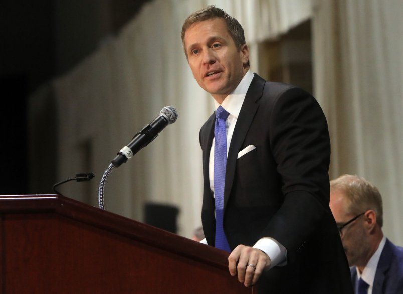 Gov. Eric Greitens delivers the keynote address at the St. Louis Area Police Chiefs Association 27th Annual Police Officer Memorial Prayer Breakfast on April 25, 2018, at the St. Charles Convention Center. (Laurie Skrivan/St. Louis Post-Dispatch/TNS)