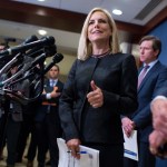 UNITED STATES - MAY 22: Homeland Security Secretary Kirstjen Nielsen, and Rep. Michael McCaul, R-Texas, chairman of the House Homeland Security Committee, off camera, address the media after briefing on election security with House members in the Capitol Visitor Center May 22, 2018. FBI Director Christopher Wray and National Intelligence Director Dan Coats also attended. (Photo By Tom Williams/CQ Roll Call)