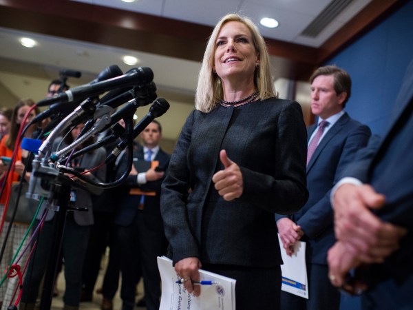 UNITED STATES - MAY 22: Homeland Security Secretary Kirstjen Nielsen, and Rep. Michael McCaul, R-Texas, chairman of the House Homeland Security Committee, off camera, address the media after briefing on election security with House members in the Capitol Visitor Center May 22, 2018. FBI Director Christopher Wray and National Intelligence Director Dan Coats also attended. (Photo By Tom Williams/CQ Roll Call)