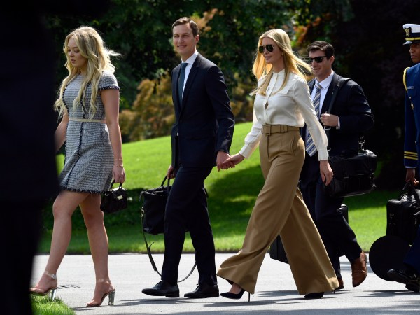 Tiffany Trump, left, followed by from left, Jared Kushner and Ivanka Trump walk to Marine One on the South Lawn of the White House in Washington, Friday, June 1, 2018, as they head to Camp David for the weekend with President Donald Trump. (AP Photo/Susan Walsh)