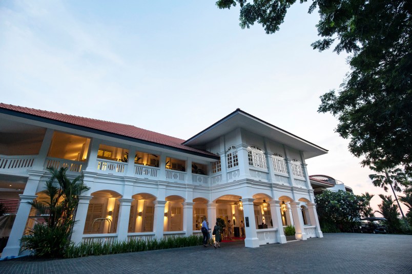 The facade of the Capella hotel on Sentosa island is seen at dusk in Singapore, Tuesday, June 5, 2018. The hotel is touted as a possible venue for the upcoming Trump-Kim summit, which will be held on June 12. (AP Photo/Yong Teck Lim)