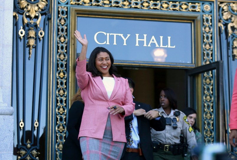 London Breed waves before speaking to reporters outside of City Hall in San Francisco, Wednesday, June 13, 2018. Breed was poised to become the first African-American woman to lead San Francisco following a hard-fought campaign when former state senator Mark Leno conceded and congratulated her Wednesday, more than a week after the election. (AP Photo/Lorin Eleni Gill)