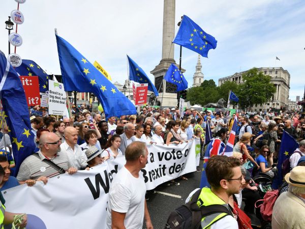Vince Cable MP, Pro-EU campaigner Gina Miller, Tony Robinson and Caroline Lucas MP join with crowds taking part in the People's Vote march for a second EU referendum at Trafalgar Square in central London. PRESS ASSOCIATION Photo. Picture date: Saturday June 23, 2018. See PA story POLITICS Brexit. Photo credit should read: John Stillwell/PA Wire
