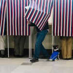 PORTLAND, ME - NOVEMBER 4: Bonnie MacInnis votes while her rat terrier/jack Russell mix named Theodore watches from the bottom of the voting booth at the Merrill Auditorium Rehearsal Hall in Portland, ME on Tuesday, November 4, 2014. (Photo by Whitney Hayward/Staff Photographer)