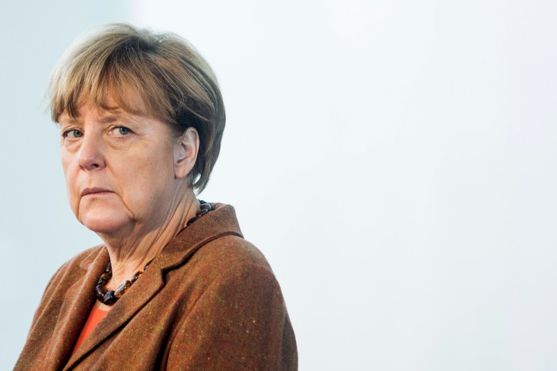 BERLIN, GERMANY - NOVEMBER 19: Austrian Chancellor Werner Faymann (not pictured) and German Chancellor Angela Merkel give a joint press conference at the German Chancellery on November 19, 2015 in in Berlin, Germany. Austrian Chancellor Faymann has called for more intensive border checks on migrants in the aftermath of the Paris attacks, as he and Chancellor Merkel also called for an increase in help amongst EU countries for the refugee crisis. (Photo by Zick,Jochen-Pool/Getty Images)