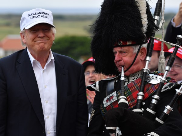 AYR, SCOTLAND - JUNE 24:  Presumptive Republican nominee for US president Donald Trump speaks as he reopens his Trump Turnberry Resort on June 24, 2016 in Ayr, Scotland.  (Photo by Jeff J Mitchell/Getty Images)