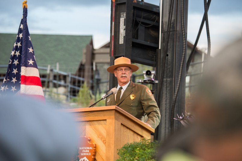 Yellowstone National Park Superintendent Dan Wenk speaks at the National Park Service centennial celebration in Gardiner, Montana.