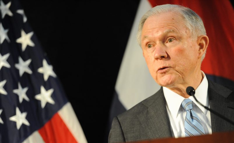 ST. LOUIS, MO - MARCH 31:  US Attorney General Jeff Sessions addresses law enforcement members at the Thomas Eagleton U.S. Courthouse on March 31, 2017 in St. Louis, Missouri. Attorney General Session is in town to work with federal, state and local law enforcement about efforts to combat violent crime and restore public safety. (Photo by Michael B. Thomas/Getty Images)