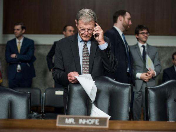 UNITED STATES - MAY 18: Sen. James Inhofe, R-Okla., prepares for a Senate Armed Services Committee confirmation hearing in Dirksen Building on May 18, 2017. (Photo By Tom Williams/CQ Roll Call)