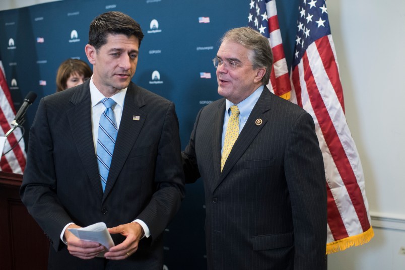 UNITED STATES - SEPTEMBER 06: Rep. John Culberson, R-Texas, right, and Speaker of the House Paul Ryan, R-Wis., conduct a news conference in the Capitol on Hurricane Harvey relief efforts and DACA on September 6, 2017. (Photo By Tom Williams/CQ Roll Call)