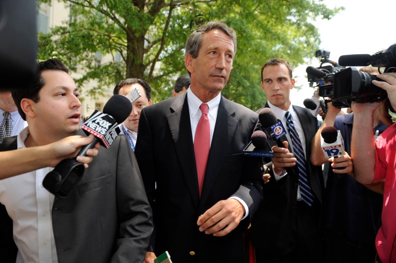 COLUMBIA, SC - JUNE 26: South Carolina Governor fields questions from the media following a special meeting with his Cabinet in the Wade Hampton Building at the Statehouse complex on June, 26, 2009. The cabinet meeting was the governor's first planned appearance since he announced his extramarital affair with a woman from Argentina. (Photo by Davis Turner/Getty Images)