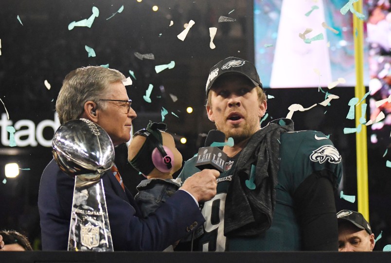 MINNEAPOLIS, MN - FEBRUARY 04: Nick Foles #9 of the Philadelphia Eagles talks with commentator Dan Patrick after the Eagles defeated the New England Patriots in Super Bowl LII at U.S. Bank Stadium on February 4, 2018 in Minneapolis, Minnesota. The Eagles defeated the Patriots 41-33. (Photo by Focus on Sport/Getty Images) *** Local Caption *** Nick Foles; Dan Patrick