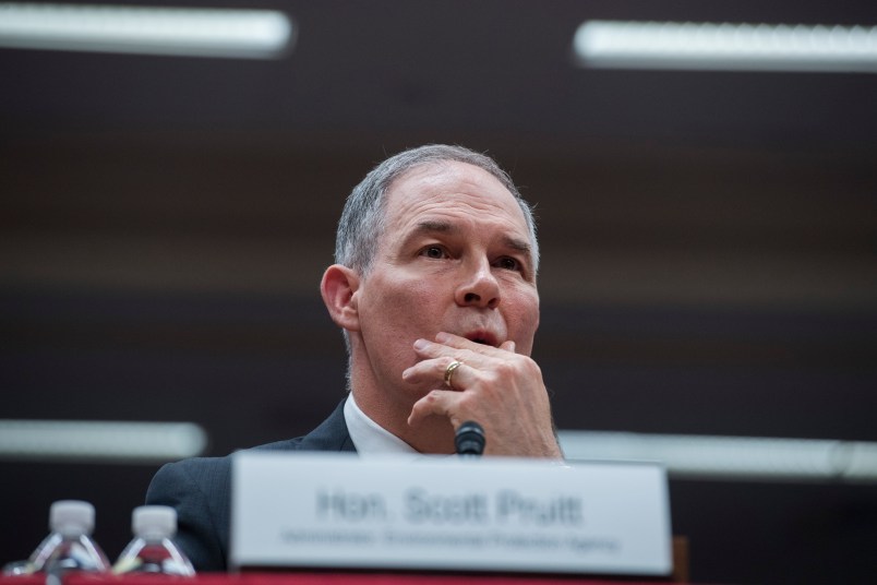 UNITED STATES - MAY 16: Environmental Protection Agency Administrator Scott Pruitt testifies during a Senate Appropriations Interior, Environment, and Related Agencies Subcommittee hearing in Dirksen Building on the proposed FY2019 budget for the EPA on May 16, 2018. (Photo By Tom Williams/CQ Roll Call)