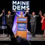 LEWISTON, ME - MAY 19: Six of seven Maine Democratic gubenatorial candidates share the stage Saturday at the biannual Democratic state convention in Lewiston on Saturday. From left: Janet Mills, Adam Cote, Betsy Sweet, Mark Eves, Diane Russell and Mark Dion. Donna Dion was not in attendance. (Staff photo by Ben McCanna/Staff Photographer)