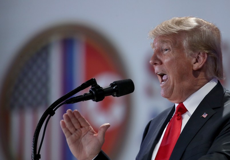 on June 12, 2018 in Singapore. The historic meeting between U.S. President Donald Trump and North Korean leader Kim Jong-un has been scheduled for June 12 in Singapore as both leaders arrived in the Southeast Asian city-state on Sunday ahead of the landmark summit.