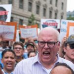 UNITED STATES - JUNE 13: From left, Reps. Jan Schakowsky, D-Ill., Joe Crowley, D-N.Y., Luis Gutierrez, R-Ill., John Cusack, Reps. Pramila Jayapal, D-Wash., John Lewis, D-Ga., Raul Grijalva, D-Ariz., Al Green, D-Texas, Judy Chu, D-Calif., and others march on 13th Street, NW, to the U.S. Customs and Border Protection in protest of the Trump Administration's policy of separating parents and children at the border on June 13, 2018. (Photo By Tom Williams/CQ Roll Call)