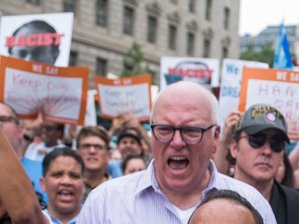 UNITED STATES - JUNE 13: From left, Reps. Jan Schakowsky, D-Ill., Joe Crowley, D-N.Y., Luis Gutierrez, R-Ill., John Cusack, Reps. Pramila Jayapal, D-Wash., John Lewis, D-Ga., Raul Grijalva, D-Ariz., Al Green, D-Texas, Judy Chu, D-Calif., and others march on 13th Street, NW, to the U.S. Customs and Border Protection in protest of the Trump Administration's policy of separating parents and children at the border on June 13, 2018. (Photo By Tom Williams/CQ Roll Call)
