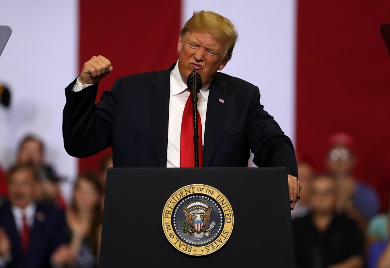 U.S. president Donald Trump speaks to supporters during a campaign rally at Scheels Arena on June 27, 2018 in Fargo, North Dakota. President Trump held a campaign style "Make America Great Again" rally in Fargo, North Dakota with thousands in attendance.