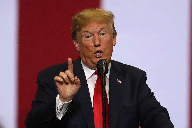 U.S. president Donald Trump speaks to supporters during a campaign rally at Scheels Arena on June 27, 2018 in Fargo, North Dakota. President Trump held a campaign style "Make America Great Again" rally in Fargo, North Dakota with thousands in attendance.