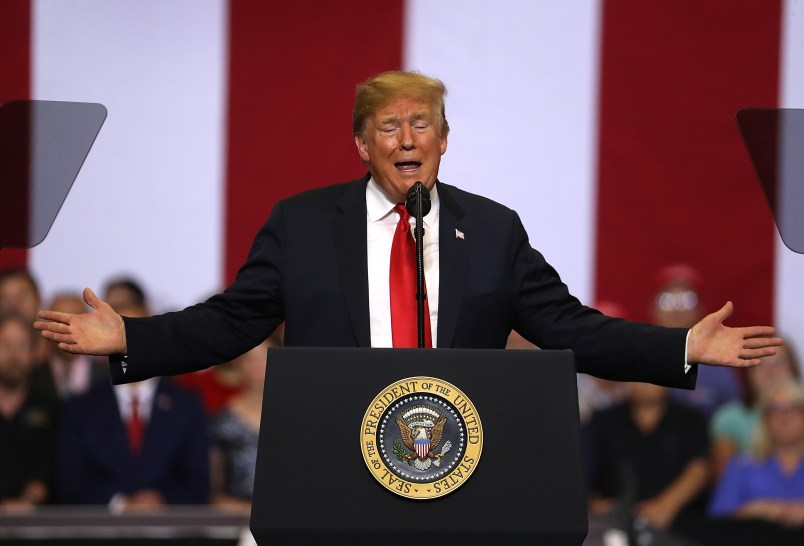 U.S. president Donald Trump speaks to supporters during a campaign rally at Scheels Arena on June 27, 2018 in Fargo, North Dakota. President Trump held a campaign style "Make America Great Again" rally in Fargo, North Dakota with thousands in attendance.