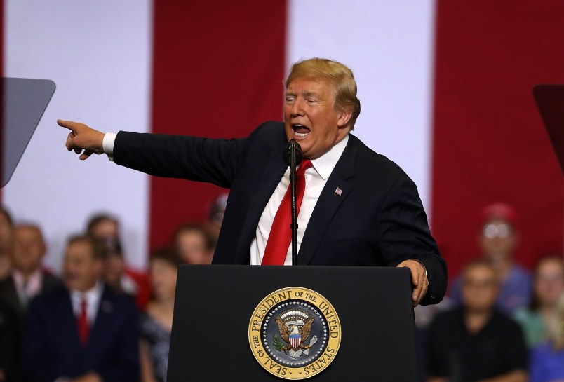 U.S. president Donald Trump speaks to supporters during a campaign rally at Scheels Arena on June 27, 2018 in Fargo, North Dakota. President Trump held a campaign style "Make America Great Again" rally in Fargo, North Dakota with thousands in attendance.