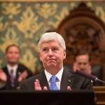 Michigan Gov. Rick Snyder delivers his State of the State in the House of Representatives Chamber on Jan. 23, 2018, at the State Capitol in Lansing, Mich. (Junfu Han/Detroit Free Press/TNS)