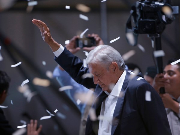 Presidential candidate Andres Manuel Lopez Obrador, of the MORENA party, at the zocalo in Mexico City,, Sunday, July 1, 2018. (AP Photo/Moises Castillo)